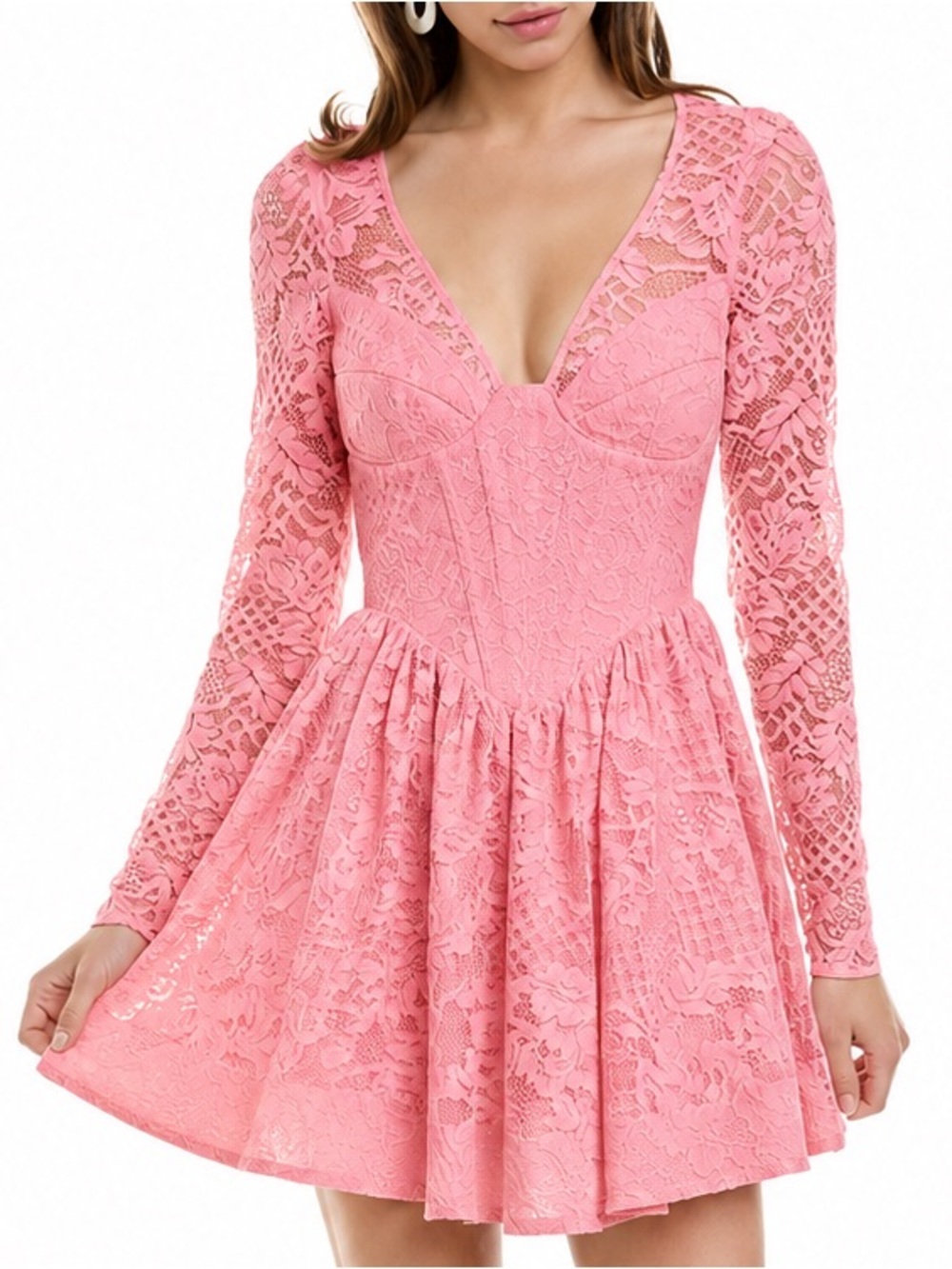 Bardot Pink Lace V-Neck Long Sleeve Mini Dress